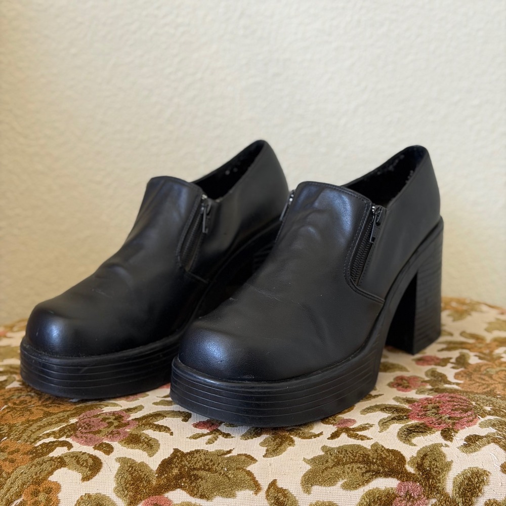 Y2K Black Faux Leather Platform Chunky Heel Ankle Booties Side Zip Whimsygoth